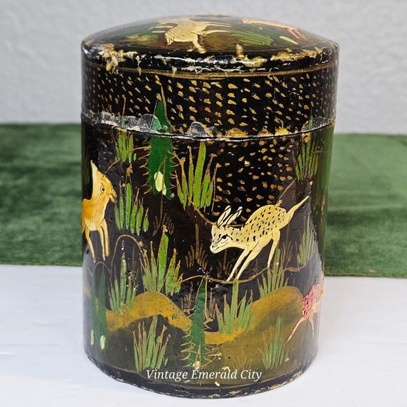 Kashmir India Forest Scene Hand Painted Lacquered Lidded Canister Leaping Deer - Picture 2 of 12